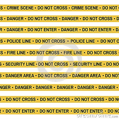 Set of Crime scene yellow tape, police line, danger, fire, Do Not Cross tape. Cartoon flat-style. Vector illustration Vector Illustration