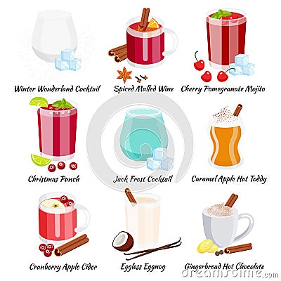 Set of cristmas cocktails flat vector illustration isolated Cartoon Illustration