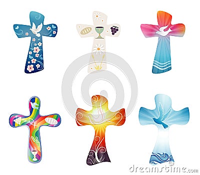Set modern isolated Christian crosses. Cross collection with symbols of Christianity. Religious signs. VECTOR Stock Photo