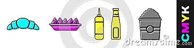 Set Croissant, Nachos in plate, Sauce bottle and Popcorn in box icon. Vector Vector Illustration