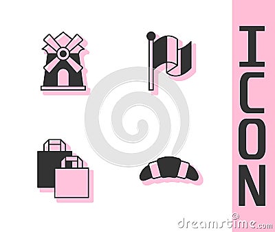 Set Croissant, Windmill, Paper shopping bag and Flag France icon. Vector Vector Illustration