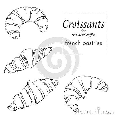 Set of croissants cut out on a white background. Black and white vector hand drawn sketch french pastries. Contour drawing for Vector Illustration