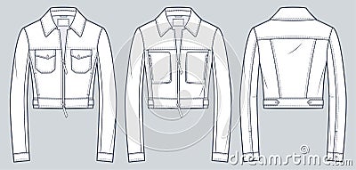 Set of Crop Jacket technical fashion illusrtation. Biker Jacket fashion flat technical drawing template Vector Illustration