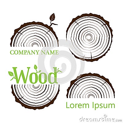 Set a cross section of the trunk with tree rings. Vector illustration. Logo. Tree growth rings. Tree trunk cross-section. Cartoon Illustration