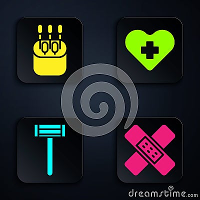Set Crossed bandage plaster, Cotton swab for ears, Shaving razor and Heart with a cross. Black square button. Vector Vector Illustration