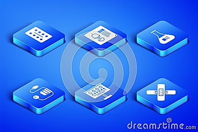 Set Crossed bandage plaster, Pills in blister pack, Eye test chart, Blood pressure, X-ray shots and Test tube flask icon Stock Photo