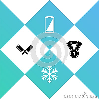 Set Crossed meat chopper, Snowflake, Smartphone, mobile phone and Medal icon. Vector Vector Illustration
