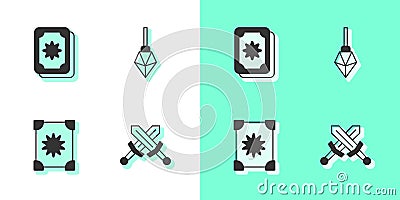 Set Crossed medieval sword, Tarot cards, Ancient magic book and Magic stone icon. Vector Vector Illustration