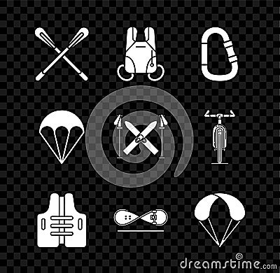 Set Crossed paddle, Parachute, Carabiner, Life jacket, Skateboard trick, and Ski and sticks icon. Vector Vector Illustration