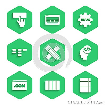 Set Crossed ruler and pencil, Color palette guide, Sketchbook album, Front end development, UI UX design, Site map, and Vector Illustration