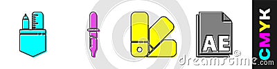 Set Crossed ruler and pencil, Pipette, Color palette guide and AE file document icon. Vector Vector Illustration