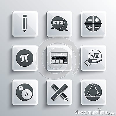 Set Crossed ruler and pencil, Triangle math, Square root of x glyph, Calculator, Subsets, is subset b, Pi symbol, Pencil Vector Illustration