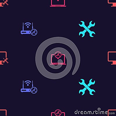 Set Crossed wrenchs, Router wi-fi with service, Laptop and Computer monitor on seamless pattern. Vector Vector Illustration