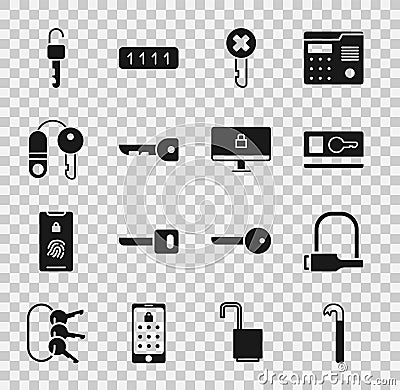 Set Crowbar, Bicycle lock, Key card, Wrong key, House with, Unlocked and Lock computer monitor icon. Vector Vector Illustration