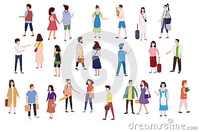 Set a crowd of people characters go about their business, make purchases, loving couples, single, sellers, buyers. Trend Vector Illustration