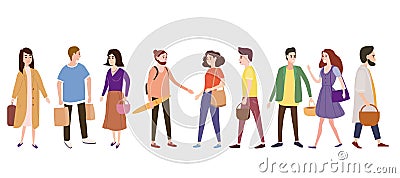 Set a crowd of people characters go about their business, make purchases, loving couples, single, sellers, buyers. Trend Vector Illustration