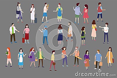 Set a crowd of people characters go about their business, make purchases, loving couples, single, sellers, buyers. Trend Vector Illustration