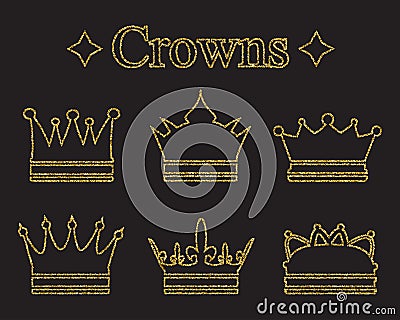 Set of crowns in doodle style. Gold glitter texture. Golden gloss effect. Sparkling diadems, tiaras Vector Illustration