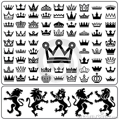 Set of crowns and lion rampant. Heraldry elements design collection. Vector Illustration