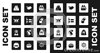 Set Cruise ship, Flag of Iceland, Viking in horned helmet, Mountains, Socks, Map, Walrus animal and Location flag icon Vector Illustration