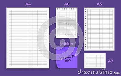 Set of crumpled four Standart blank acounting sheet series A format paper A4, A5, A6 and A7 size with note sticker Vector Illustration