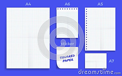 Set of crumpled four Standart blank squared series A format paper A4, A5, A6 and A7 size with note sticker Vector Illustration