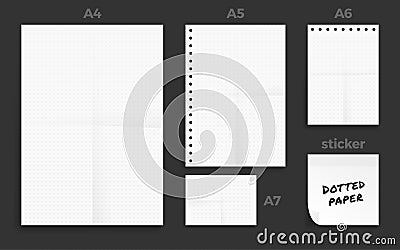 Set of crumpled four Standart dotted blank series A format paper A4, A5, A6 and A7 size with note sticker Vector Illustration
