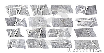 A set of crumpled strips of masking tape in various shapes and sizes. Masking tape isolated on white background Stock Photo