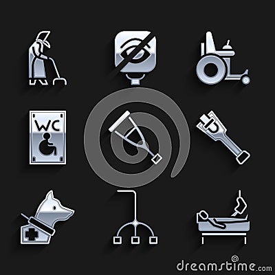 Set Crutch or crutches, Walking stick cane, Patient with broken leg, Prosthesis, Guide dog, Separated toilet for Vector Illustration