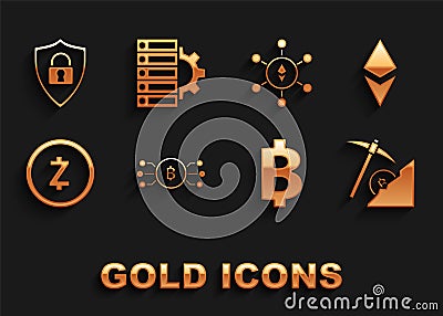 Set Cryptocurrency bitcoin in circle with microchip circuit, Ethereum ETH, cloud mining, Bitcoin, Zcash ZEC, Blockchain Vector Illustration