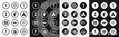 Set Cryptocurrency Bitcoin key, think, Zcash ZEC, Ethereum ETH, Ripple XRP, Blockchain technology and icon. Vector Vector Illustration