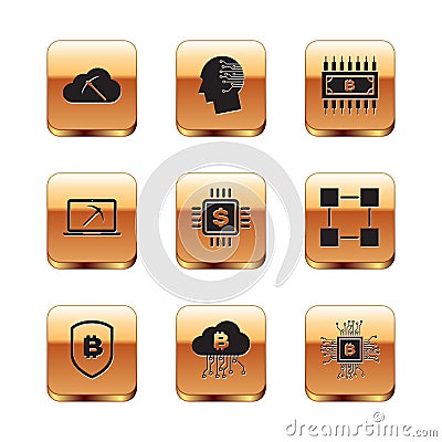 Set Cryptocurrency cloud mining, Shield with bitcoin, , Processor chip dollar, Mining laptop and pickaxe and circuit Vector Illustration