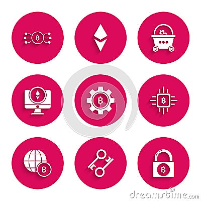 Set Cryptocurrency coin Bitcoin, key, Lock with bitcoin, CPU mining farm, Globe and cryptocurrency, Monitor Ethereum ETH Vector Illustration