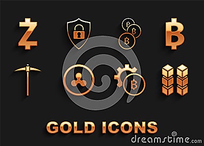 Set Cryptocurrency coin Ripple XRP, Bitcoin, Blockchain technology, Pickaxe, Zcash ZEC and Shield security with icon Vector Illustration