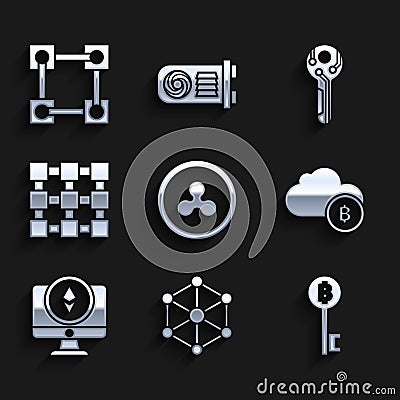 Set Cryptocurrency coin Ripple XRP, Blockchain technology, Bitcoin key, cloud mining, Monitor and Ethereum ETH, and icon Editorial Stock Photo