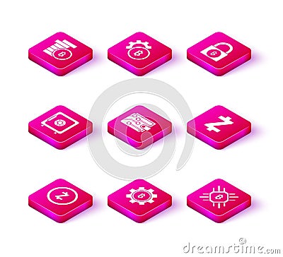 Set Cryptocurrency coin Zcash ZEC, Bitcoin, Safe, wallet, CPU mining farm, Lock with bitcoin and icon. Vector Vector Illustration