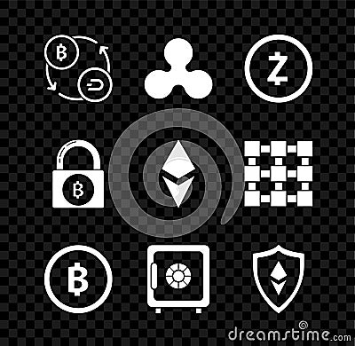 Set Cryptocurrency exchange, coin Ripple XRP, Zcash ZEC, Bitcoin, Safe, Shield Ethereum ETH, Lock with bitcoin and icon Vector Illustration