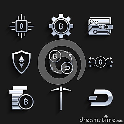 Set Cryptocurrency exchange, Pickaxe, coin Dash, bitcoin circle with microchip circuit, Bitcoin, Shield Ethereum ETH Vector Illustration