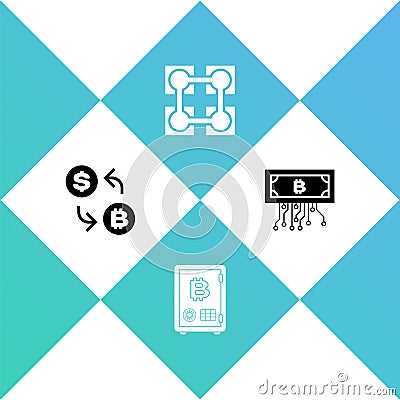 Set Cryptocurrency exchange, Proof of stake, Blockchain technology and bitcoin with circuit icon. Vector Vector Illustration