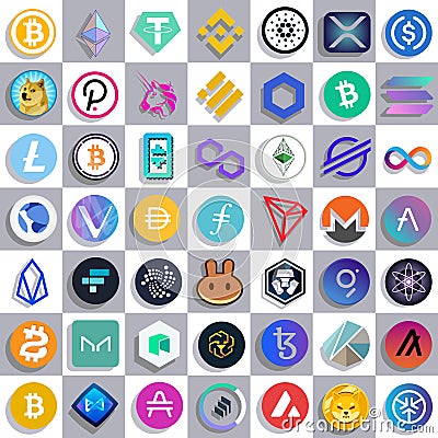 A set of cryptocurrency logos vector logo text icon author's development Editorial Stock Photo