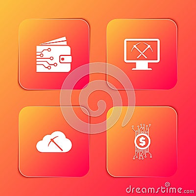 Set Cryptocurrency wallet, Mining with monitor and pickaxe, cloud mining and bitcoin circuit icon. Vector Vector Illustration