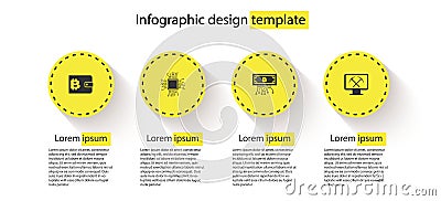 Set Cryptocurrency wallet, Processor, bitcoin with circuit and Mining monitor and pickaxe. Business infographic template Vector Illustration