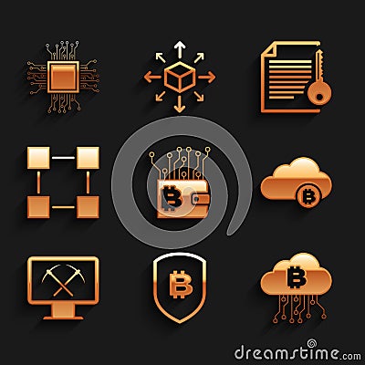 Set Cryptocurrency wallet, Shield with bitcoin, cloud mining, , Mining monitor and pickaxe and Blockchain technology Vector Illustration