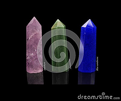 Set of crystals stones amethyst, aventurine, blue sandstone isolated on black Stock Photo