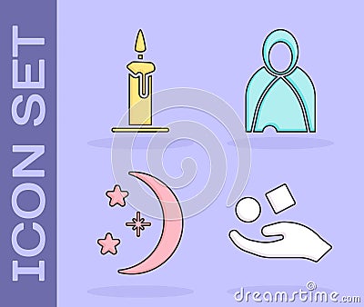 Set Cube levitating above hand, Burning candle in candlestick, Moon and stars and Mantle, cloak, cape icon. Vector Vector Illustration