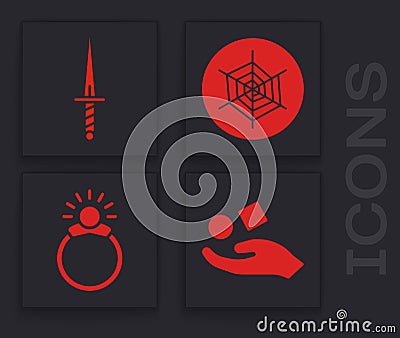 Set Cube levitating above hand, Dagger, Spider web and Magic stone ring with gem icon. Vector Vector Illustration