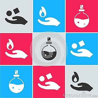 Set Cube levitating above hand, Hand holding a fire and Bottle with love potion icon. Vector Vector Illustration