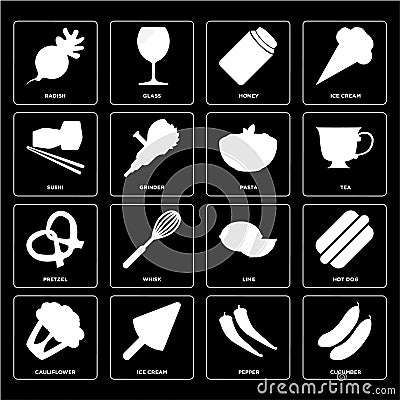 Set of Cucumber, Pepper, Cauliflower, Lime, Pretzel, Pasta, Sushi, Honey, Radish icons Vector Illustration