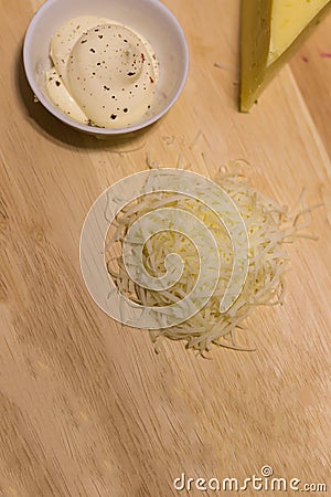 Set culinary base design grated cheese sauce yogurt with scraps of spices and pepper Stock Photo