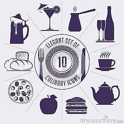 Set of 10 culinary icons - coffee turk, wine bottle, cup, teapot Vector Illustration